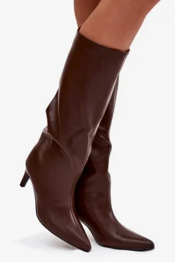 Kozaki Damskie Wsuwane Ocieplane Na Szpilce Brązowe Olivienne