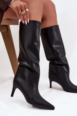 Kozaki Damskie Wsuwane Ocieplane Na Szpilce Czarne Olivienne