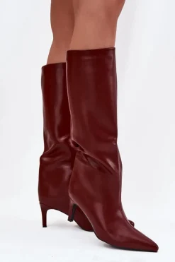 Kozaki Damskie Wsuwane Ocieplane Na Szpilce Bordowe Olivienne