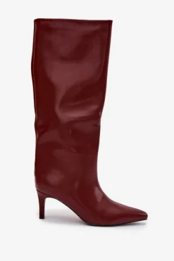 Kozaki Damskie Wsuwane Ocieplane Na Szpilce Bordowe Olivienne