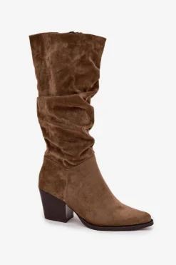 Kozaki Damskie Z Marszczoną Cholewką Na Słupku Ocieplane Zielone Paelina