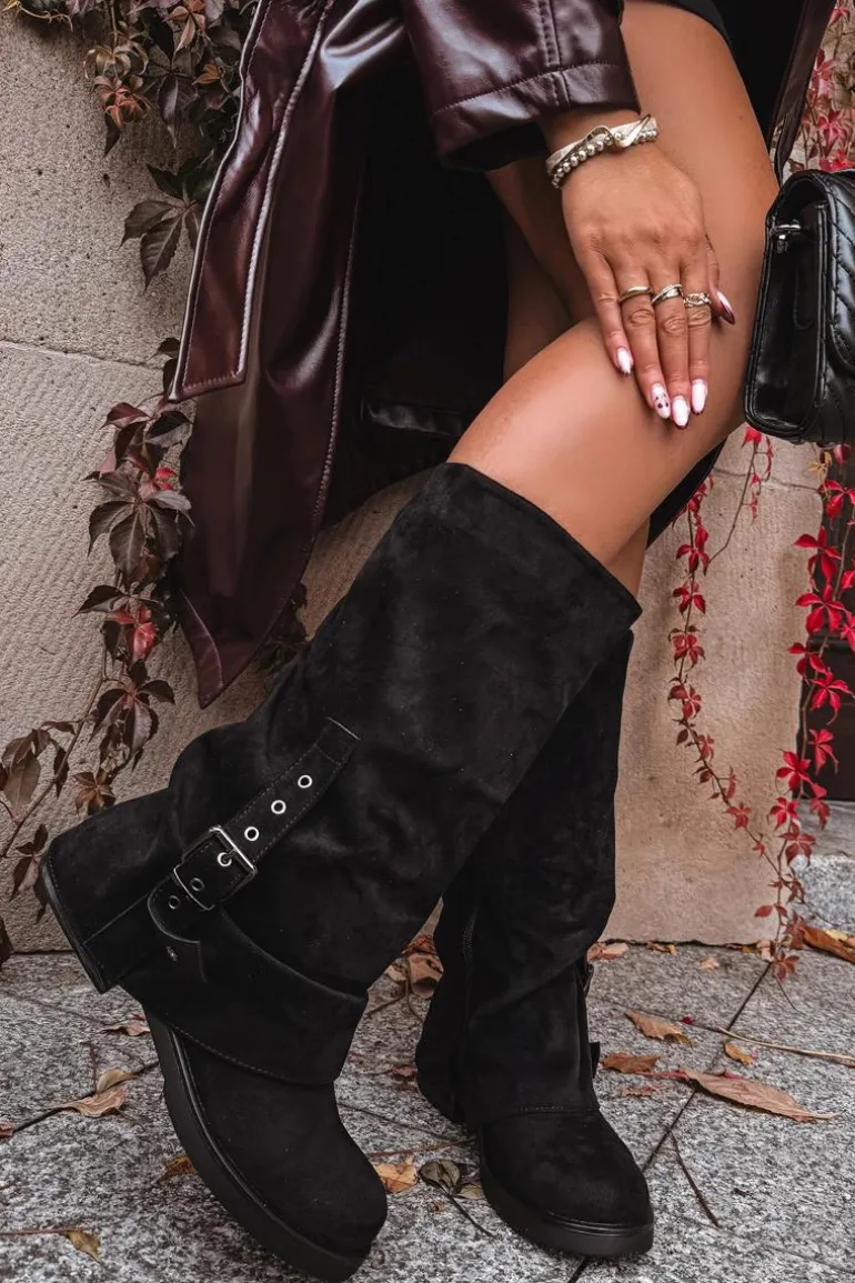 Kozaki Damskie Z Marszczoną Cholewką I Klamrą Czarne Ophelis