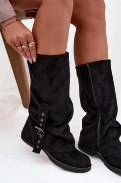 Kozaki Damskie Z Marszczoną Cholewką I Klamrą Czarne Ophelis