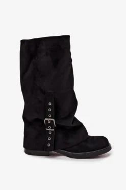 Kozaki Damskie Z Marszczoną Cholewką I Klamrą Czarne Ophelis