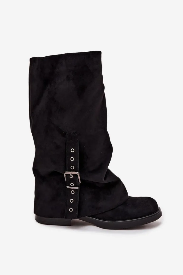 Kozaki Damskie Z Marszczoną Cholewką I Klamrą Czarne Ophelis