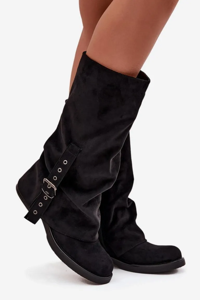 Kozaki Damskie Z Marszczoną Cholewką I Klamrą Czarne Ophelis