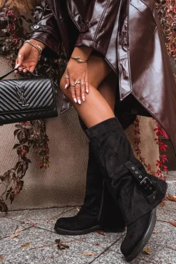 Kozaki Damskie Z Marszczoną Cholewką I Klamrą Czarne Ophelis