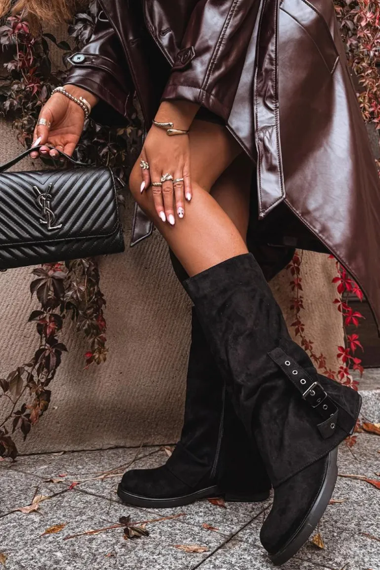 Kozaki Damskie Z Marszczoną Cholewką I Klamrą Czarne Ophelis