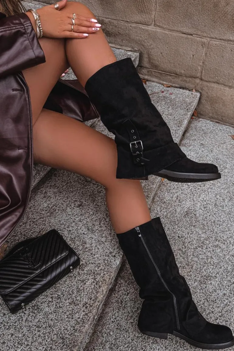 Kozaki Damskie Z Marszczoną Cholewką I Klamrą Czarne Ophelis