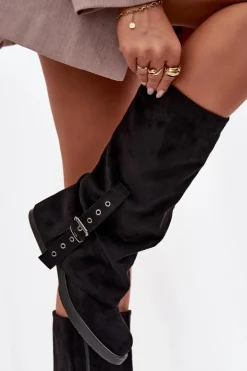 Kozaki Damskie Z Marszczoną Cholewką I Klamrą Czarne Ophelis