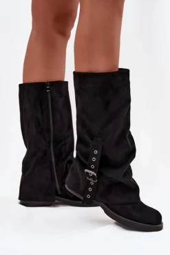 Kozaki Damskie Z Marszczoną Cholewką I Klamrą Czarne Ophelis
