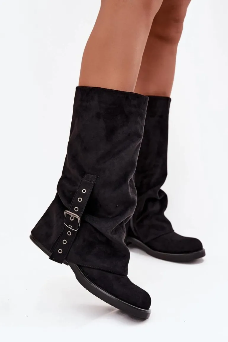 Kozaki Damskie Z Marszczoną Cholewką I Klamrą Czarne Ophelis