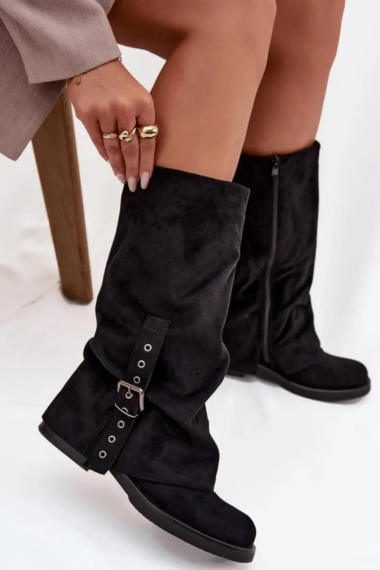 Kozaki Damskie Z Marszczoną Cholewką I Klamrą Czarne Ophelis