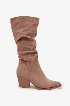 Kozaki Damskie Z Marszczoną Cholewką Na Słupku Ocieplane Beżowe Paelina