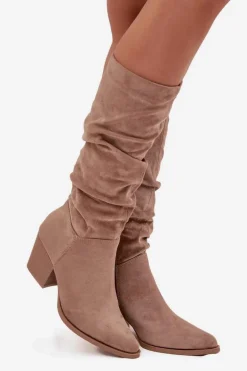 Kozaki Damskie Z Marszczoną Cholewką Na Słupku Ocieplane Beżowe Paelina