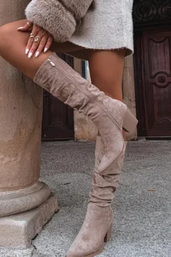 Kozaki Damskie Z Marszczoną Cholewką Na Słupku Ocieplane Beżowe Paelina