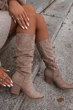 Kozaki Damskie Z Marszczoną Cholewką Na Słupku Ocieplane Beżowe Paelina