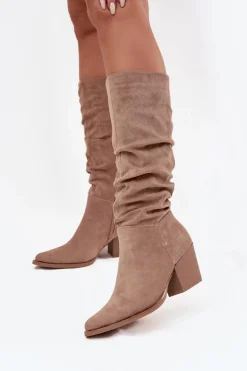 Kozaki Damskie Z Marszczoną Cholewką Na Słupku Ocieplane Beżowe Paelina