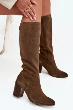 Kozaki Damskie Z Naturalnego Zamszu Ocieplane Obcas Słupek Sergio Leone KZ25668-S Oliwkowe