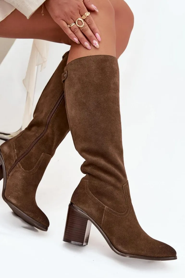 Kozaki Damskie Z Naturalnego Zamszu Ocieplane Obcas Słupek Sergio Leone KZ25668-S Oliwkowe