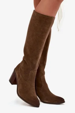 Kozaki Damskie Z Naturalnego Zamszu Ocieplane Obcas Słupek Sergio Leone KZ25668-S Oliwkowe