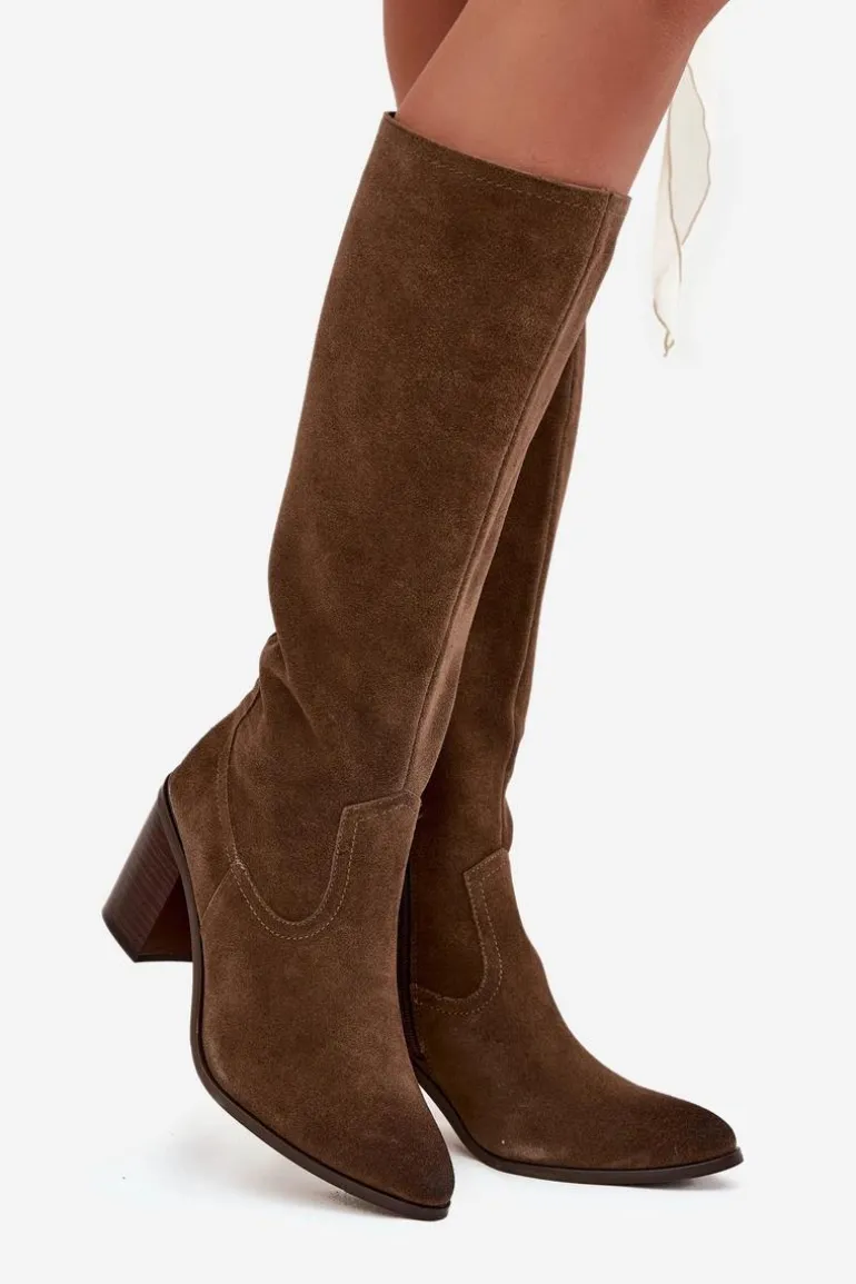 Kozaki Damskie Z Naturalnego Zamszu Ocieplane Obcas Słupek Sergio Leone KZ25668-S Oliwkowe