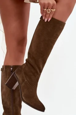 Kozaki Damskie Z Naturalnego Zamszu Ocieplane Obcas Słupek Sergio Leone KZ25668-S Oliwkowe