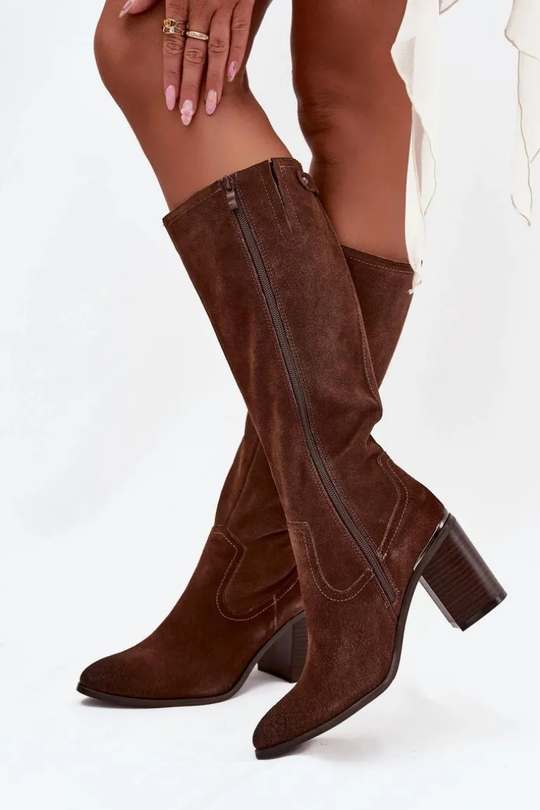 Kozaki Damskie Z Naturalnego Zamszu Ocieplane Obcas Słupek Sergio Leone KZ25668-S Brązowe