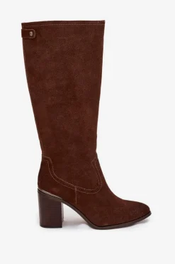 Kozaki Damskie Z Naturalnego Zamszu Ocieplane Obcas Słupek Sergio Leone KZ25668-S Brązowe