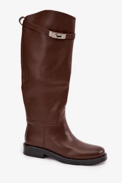 Kozaki Damskie Z Ozdobnym Paskiem Eko Skórzane Czekoladowe Palisse