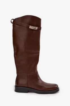 Kozaki Damskie Z Ozdobnym Paskiem Eko Skórzane Czekoladowe Palisse
