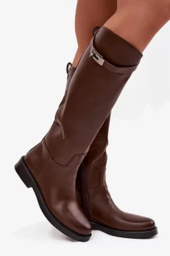 Kozaki Damskie Z Ozdobnym Paskiem Eko Skórzane Czekoladowe Palisse