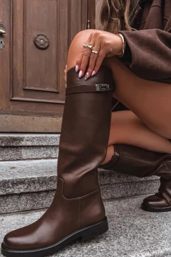 Kozaki Damskie Z Ozdobnym Paskiem Eko Skórzane Czekoladowe Palisse