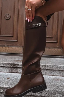 Kozaki Damskie Z Ozdobnym Paskiem Eko Skórzane Czekoladowe Palisse