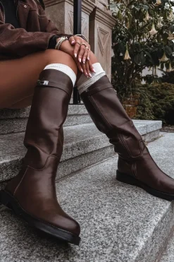 Kozaki Damskie Z Ozdobnym Paskiem Eko Skórzane Czekoladowe Palisse