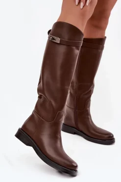 Kozaki Damskie Z Ozdobnym Paskiem Eko Skórzane Czekoladowe Palisse