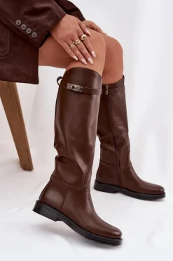 Kozaki Damskie Z Ozdobnym Paskiem Eko Skórzane Czekoladowe Palisse