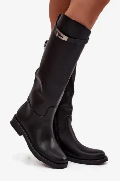 Kozaki Damskie Z Ozdobnym Paskiem Eko Skórzane Czarne Palisse