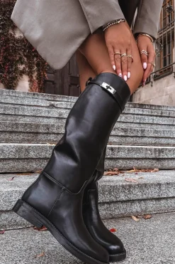 Kozaki Damskie Z Ozdobnym Paskiem Eko Skórzane Czarne Palisse