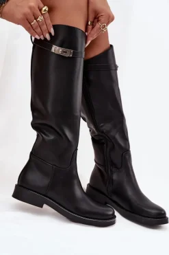 Kozaki Damskie Z Ozdobnym Paskiem Eko Skórzane Czarne Palisse