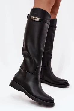 Kozaki Damskie Z Ozdobnym Paskiem Eko Skórzane Czarne Palisse