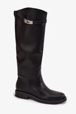Kozaki Damskie Z Ozdobnym Paskiem Eko Skórzane Czarne Palisse