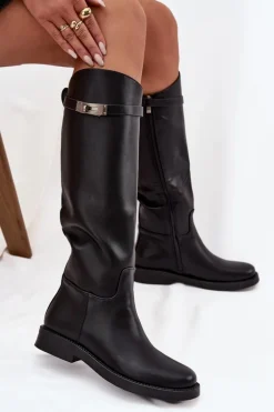 Kozaki Damskie Z Ozdobnym Paskiem Eko Skórzane Czarne Palisse