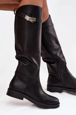 Kozaki Damskie Z Ozdobnym Paskiem Eko Skórzane Czarne Palisse