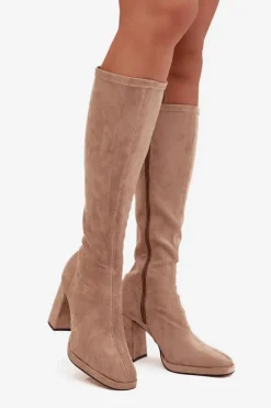 Kozaki Damskie Z Przeszyciami Na Słupkowym Obcasie Beżowe Brivana