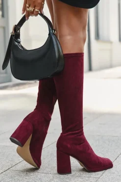 Kozaki Damskie Z Przeszyciami Na Słupkowym Obcasie Bordowe Brivana