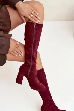 Kozaki Damskie Z Przeszyciami Na Słupkowym Obcasie Bordowe Brivana