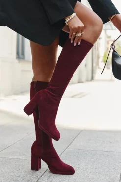 Kozaki Damskie Z Przeszyciami Na Słupkowym Obcasie Bordowe Brivana