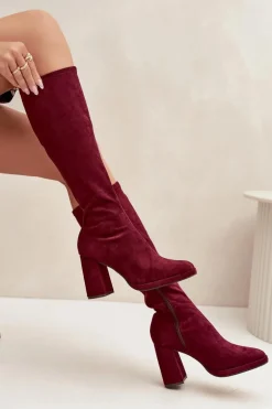 Kozaki Damskie Z Przeszyciami Na Słupkowym Obcasie Bordowe Brivana
