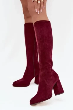 Kozaki Damskie Z Przeszyciami Na Słupkowym Obcasie Bordowe Brivana